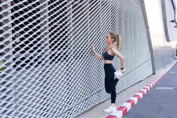 Outdoor workout for fit sport woman, people exercise body stretching, preparing for intense fitness...