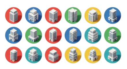 Colorful circular icons of modern buildings and skyscrapers in flat isometric style isolated on transparent background
