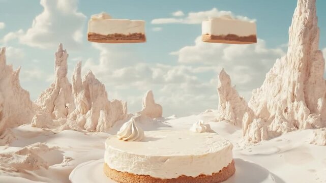 Delectable cheesecake slices floating against a surreal scenic backdrop