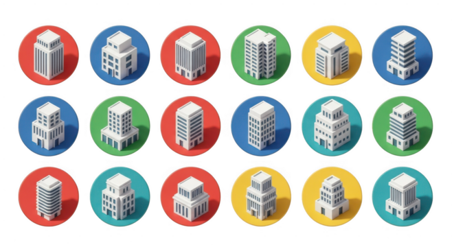 Colorful circular icons of modern buildings and skyscrapers in flat isometric style isolated on transparent background