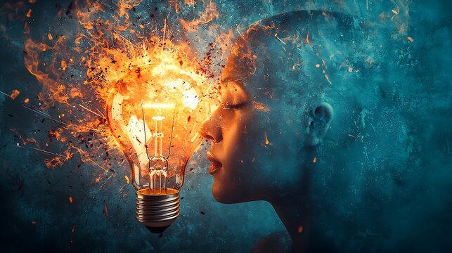 Digital human head facing glowing light bulb concept idea picture