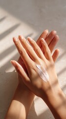 A woman ' s hand with a lotion of cream on it
