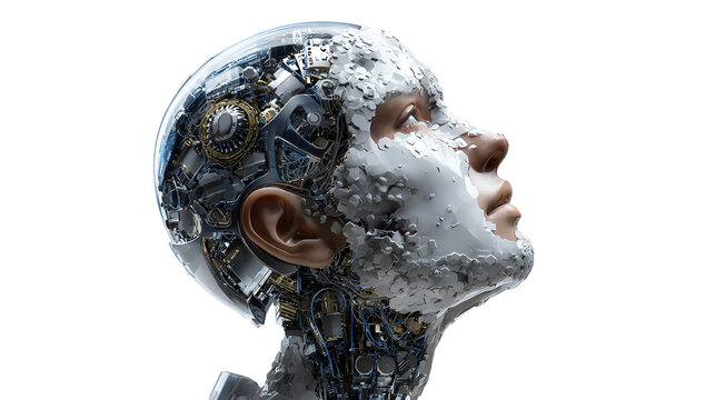 Artificial Being's Contemplation: An android, its intricate metallic internals juxtaposed against a serene human exterior, gazes upward in a moment of contemplation.