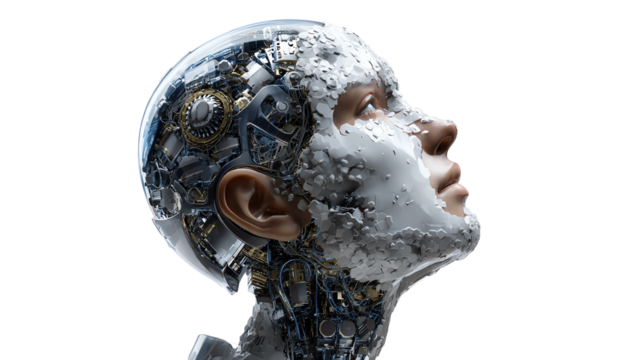 Artificial Being's Contemplation: An android, its intricate metallic internals juxtaposed against a serene human exterior, gazes upward in a moment of contemplation.