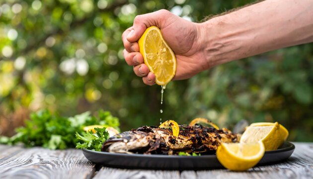 Hand squeezing lemon over grilled fish (1)
