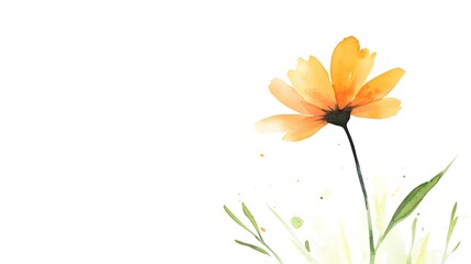 Fototapeta premium Delicate watercolor orange flower with green leaves on a white background.