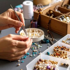 Hands meticulously stringing beads onto a thread