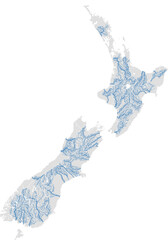 Vector map of major rivers in New Zealand highlighting main stem and primary tributaries (UTM, scaled by river size, PPT-compatible, multi-layered & fully editable)