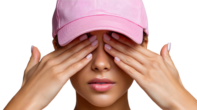 Pink Cap and Concealed Vision: A woman in a pink cap delicately covers her eyes with her hands, invoking a sense of quiet contemplation and introspection. 