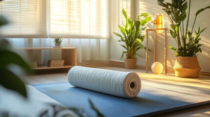A yoga mat with a plant in the background