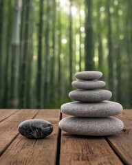 Balanced stack of grey zen stones on a wooden surface with a soft bamboo forest background.