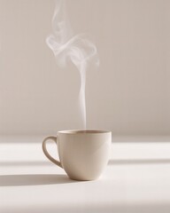 Minimalist matte ceramic cup with elegant steam on a clean white background with copy space.