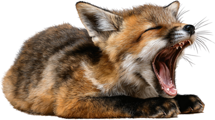 Sleepy Fox: A charming fox, caught in a moment of profound sleepiness, lets out a yawn that reveals a set of pointy teeth. The photo encapsulates the serene essence of slumber.