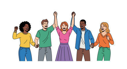 Obraz premium Diverse group of people celebrating together with raised hands 