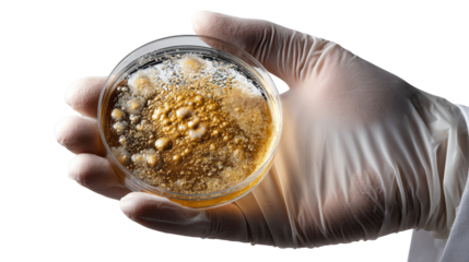 Microbiological Marvel: A gloved hand delicately holds a petri dish brimming with a vibrant culture, showcasing the intricate patterns of microorganisms.