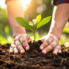 Hands planting a seedling in soil