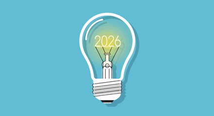 Glowing lightbulb displays '2026' against a blue backdrop, symbolizing innovation and future planning with a bright and optimistic outlook.
