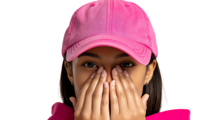 Enigmatic Expression: A young individual, hands delicately cover their face while wearing a vibrant pink cap, hinting at introspection or playful concealment.