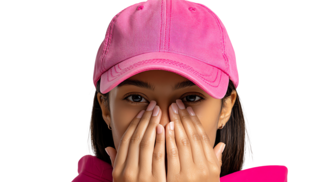 Enigmatic Expression: A young individual, hands delicately cover their face while wearing a vibrant pink cap, hinting at introspection or playful concealment.