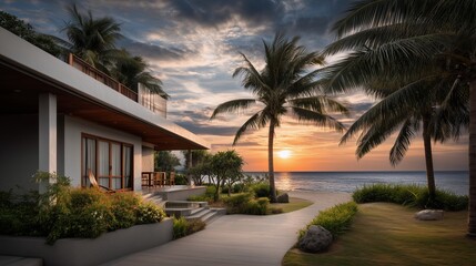 Fototapeta premium Coastal Villa Retreat: Luxurious villa with palm trees facing the ocean at sunset, offering a serene escape. 