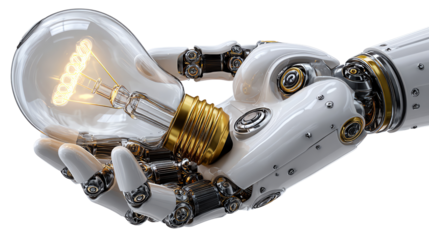 Robotic Innovation: A mechanical hand cradles a glowing light bulb, symbolizing futuristic technology and innovation. It illustrates the fusion of human ingenuity and technological advancement.