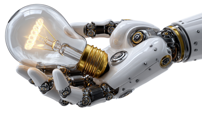 Robotic Innovation: A mechanical hand cradles a glowing light bulb, symbolizing futuristic technology and innovation. It illustrates the fusion of human ingenuity and technological advancement.