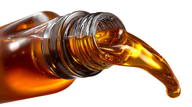 Liquid Gold Pouring from Bottle: A close-up captures the mesmerizing flow of a golden liquid cascading from a glass bottle. Revealing the essence of purity and luxury.