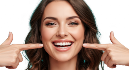 Smiling woman pointing to her cheeks isolated on transparent background
