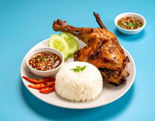 Grilled chicken leg with rice and dipping sauce