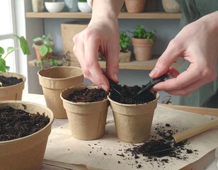 Hands planting seedlings in small brown pots