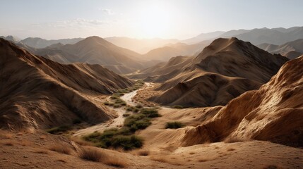 Naklejka premium Golden Vista: A breathtaking landscape of rolling hills, a winding river, and the warm embrace of the sun creating a sense of serenity and wonder.