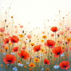 Fototapeta premium Vibrant field of blooming poppies and wildflowers with soft light and bokeh background.