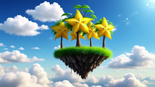 Whimsical Floating Island with Starfruit Trees and Clouds in Cartoon Style