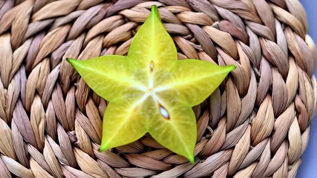 Rotating star fruit slices on a wicker surface create an abstract pattern