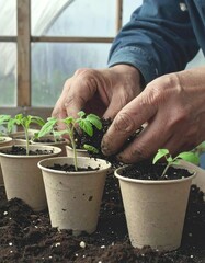 Hands planting seedlings in small pots