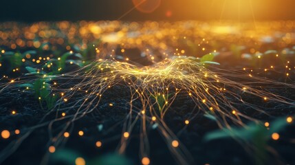 A field of grass with a bunch of yellow lights