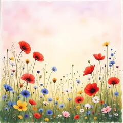 Fototapeta premium Vibrant wildflowers in soft light, watercolor meadow bloom, spring nature, idyllic summer scene, botanical beauty.