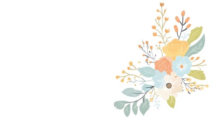 Delicate floral arrangement in pastel colors adorns a white background.