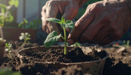 Hands planting a seedling in the ground