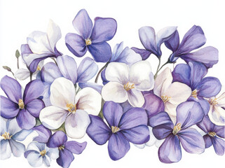 Watercolor violet and white flowers, clipart on a pure solid background with margins.

