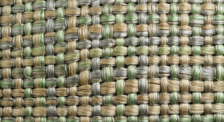 Sophisticated woven textile with earthy green and beige tones creates a natural, textured pattern perfect for backgrounds and design elements