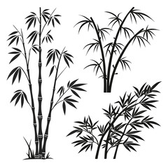 Collection of stylized black silhouette bamboo plants and branches with leaves isolated on a white background for design and decoration purposes