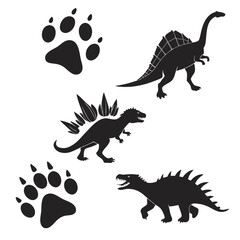 Collection of black dinosaur silhouettes including a stegosaurus and spinosaurus alongside paw prints on a white background