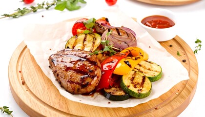 Grilled steak and assorted vegetables on a wooden board