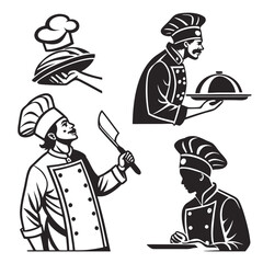 Collection of four stylized black and white illustrations of chefs in various poses holding food and utensils
