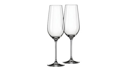 Tilted Glasses Action, Transparent Champagne Flutes, White Background, Product Photo, Realistic Concept View