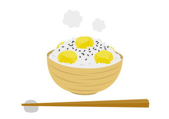 茶碗に盛られた暖かい栗ご飯と箸のイラスト
