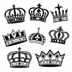Collection of seven stylized black and white crown illustrations featuring ornate designs and royal emblems on a white background