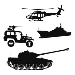 Collection of black silhouette icons representing military vehicles including a helicopter a tank a gunned jeep and a warship isolated on a white background © ALEX ROSS