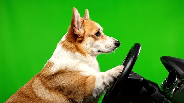 Side view of a Welsh corgi dog sitting behind the steering wheel of a car on a green screen, isolated with chroma key, real shot. A corgi dog is driving a car / vehicle.